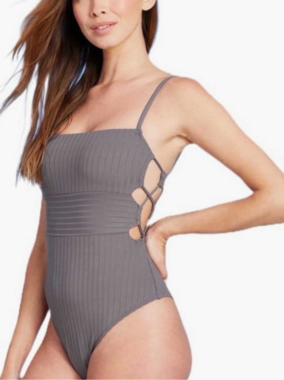 Shade & Shore | Gray Square-Neck Strappy-Side Ribbed One-Piece
Swimsuit -Medium